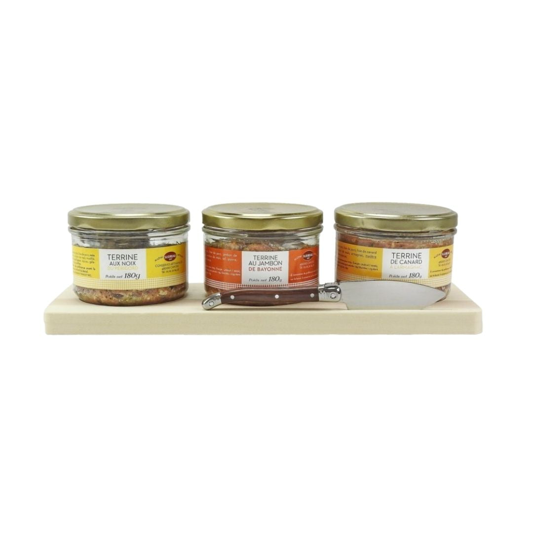 Geschenksets mit Holzbrett, Messer und Terrinen – 3x